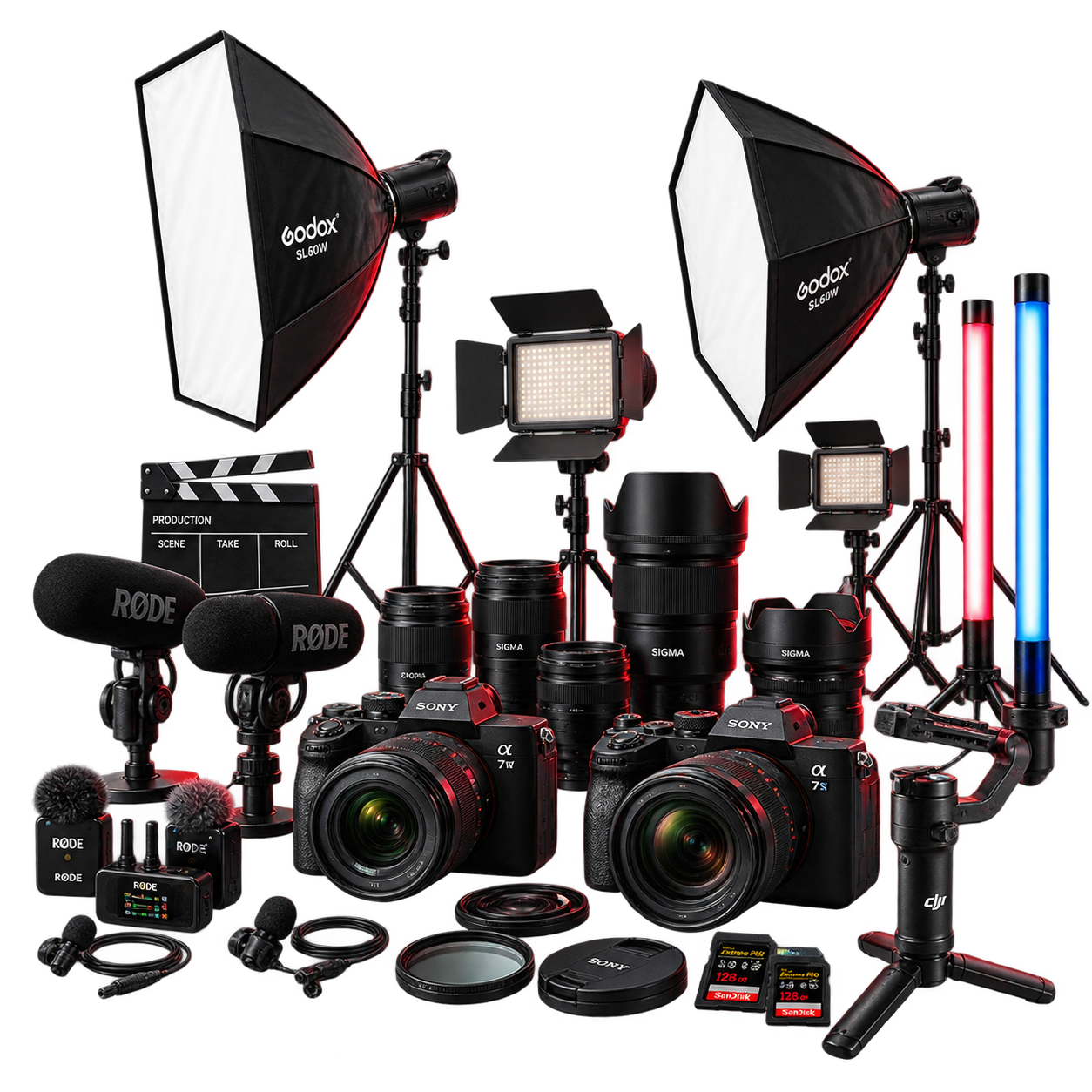 Professional cameras, microphones, lenses and studio lighting equipment